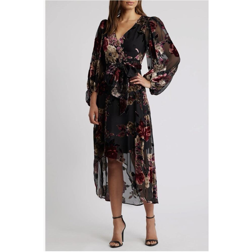 NWT $198 Eliza J Women’s Floral Burnout Long Sleeve High -Low Dress Black Size 8
